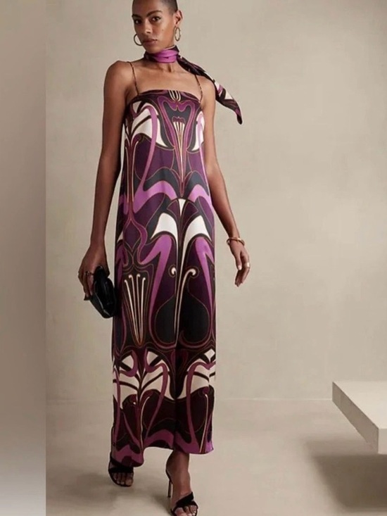 Banana Republic Dresses & Skirts - Banana Republic 100% silk Purple, Black Cream Art Nouveau strapless gown sz. 12